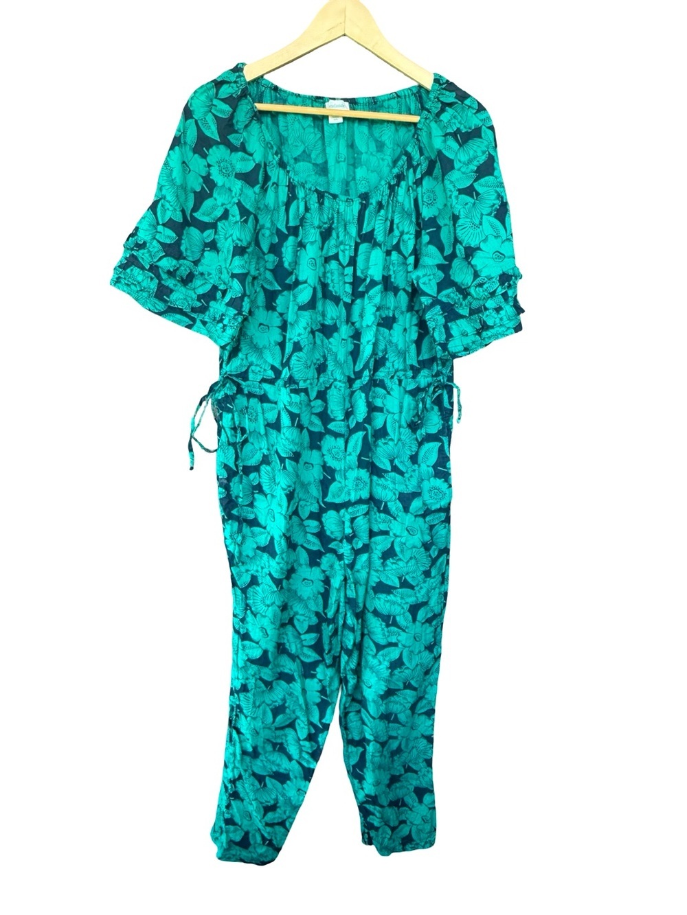 Sundance Floral Cotton Jumpsuit Petite Medium PM Blue Green Blue Pockets Boho - Picture 8 of 12